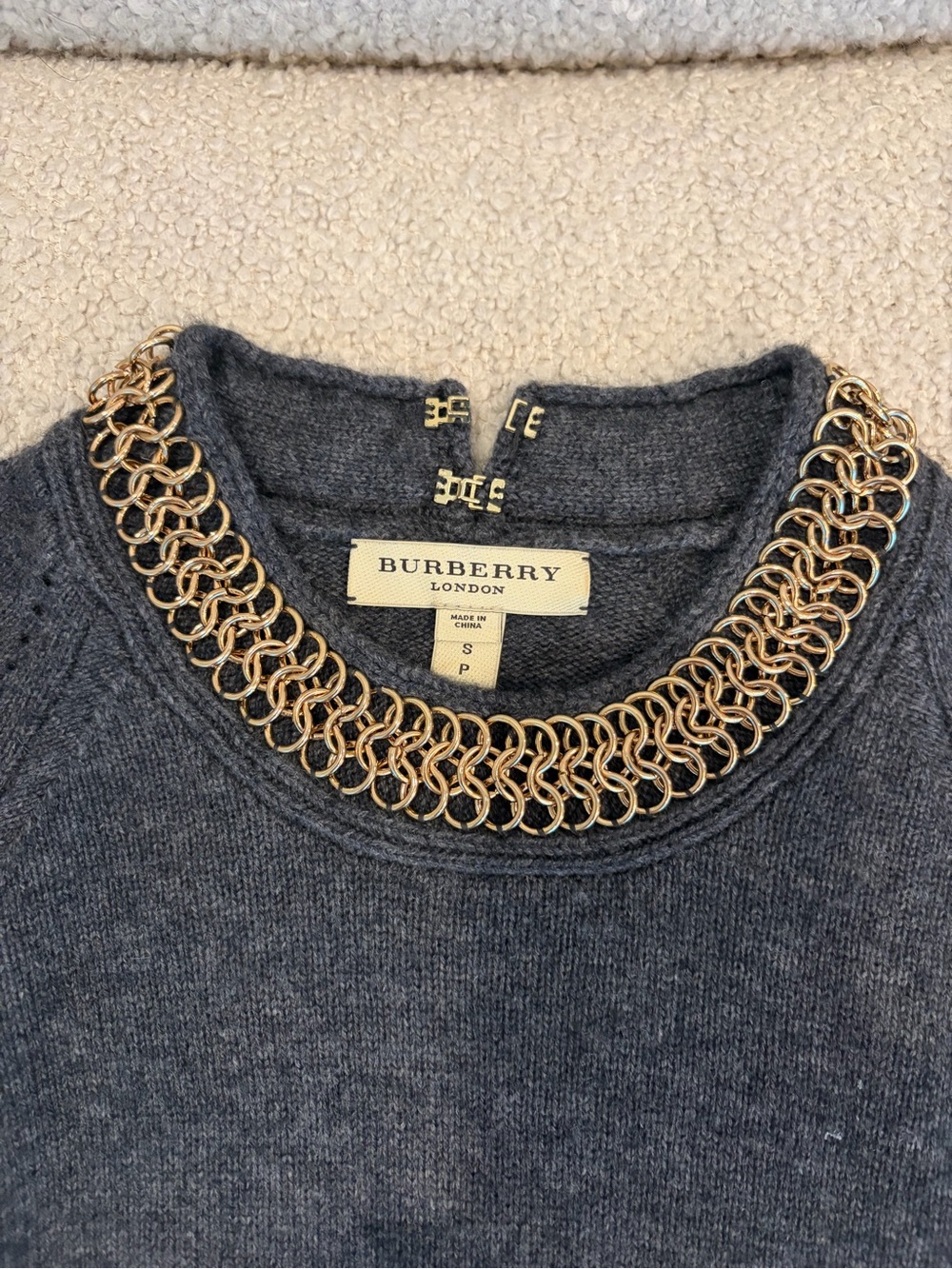 Burberry Gray Crewneck Sweater with Gold Chain Collar